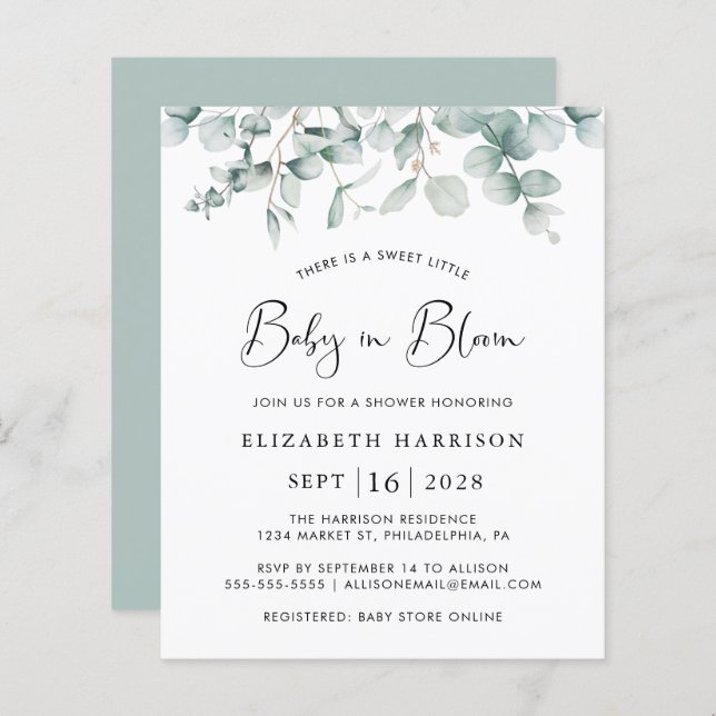 Baby in Bloom Eucalyptus Budget Douche Invitation (Devant / Derrière)