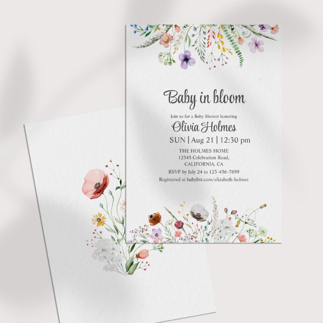Baby in Bloom Fleur sauvage Baby shower Invitation (Baby in Bloom Wildflowers Baby Shower Invitation on a white table)