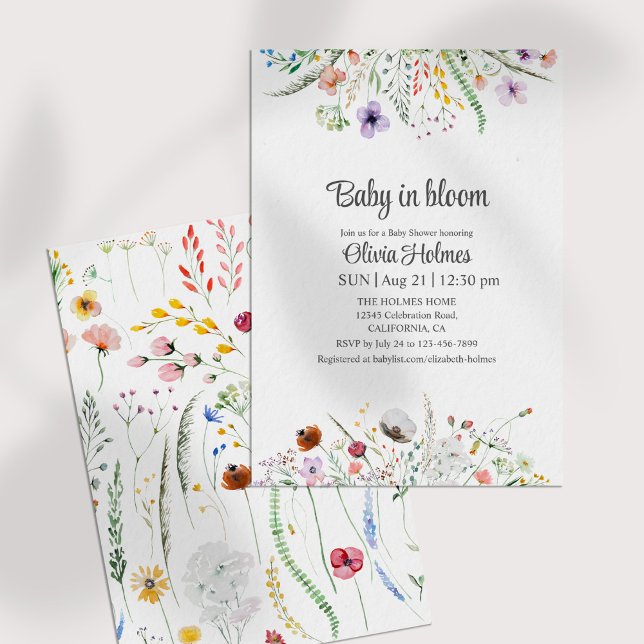 Baby in Bloom Fleur sauvage Baby shower Invitation (Baby in Bloom Wildflowers Baby Shower Invitation on a white table.)