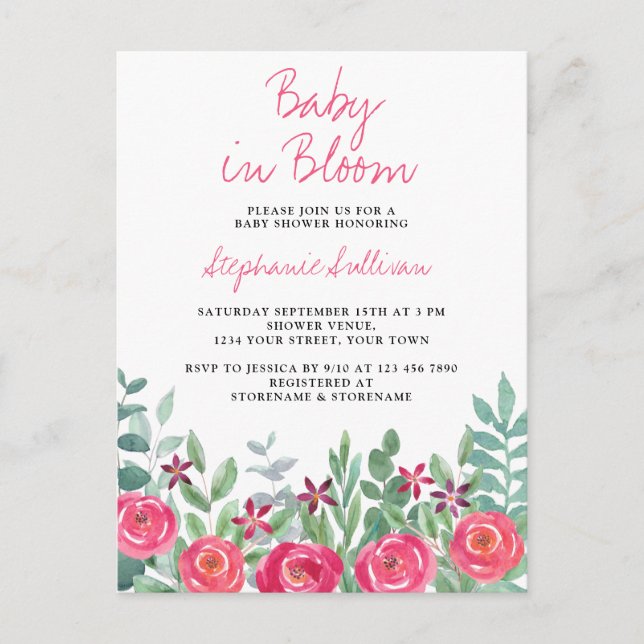 Baby in Bloom rose Baby shower Invitation Carte po (Devant)