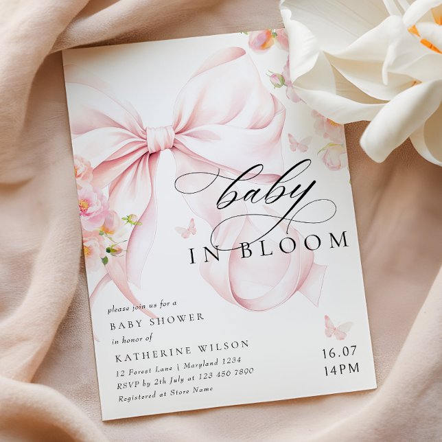Baby In Bloom Soft Pink Bow Baby Shower Invitation (Créateur téléchargé)