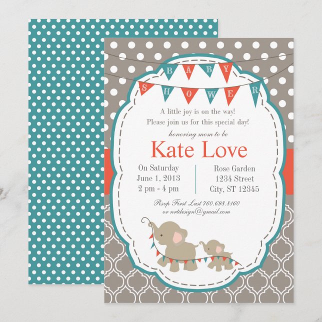 Baby Joy Elephant Shower Invitation - Orange/Turqu (Devant / Derrière)