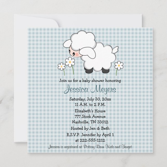 Baby Lamb Baby Shower Invitations En vichy bleu (Devant)