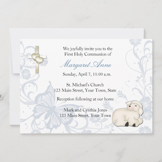 Baby Lamb Bleu Invitation religieuse
