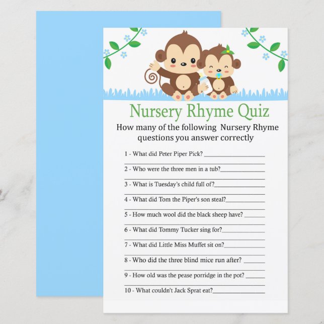 Baby Monkey Nursery Rhyme Quiz jeu de baby shower (Devant / Derrière)