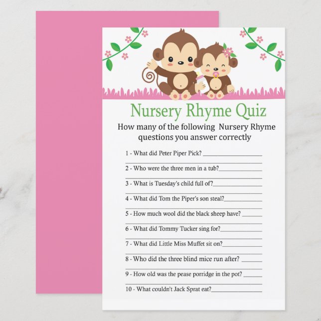 Baby Monkey Nursery Rhyme Quiz jeu de baby shower (Devant / Derrière)