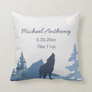 Baby Nursery Coussin Birth Stats Wolf Mountain