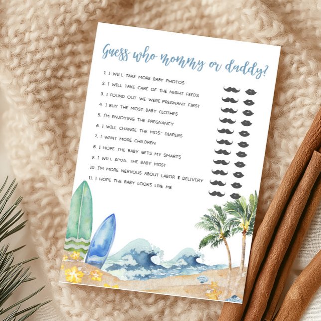 Baby on Board Beach Devinez qui maman ou papa jeu (Surfing Summer Boy Baby Shower Guess who Mommy or Daddy Game)