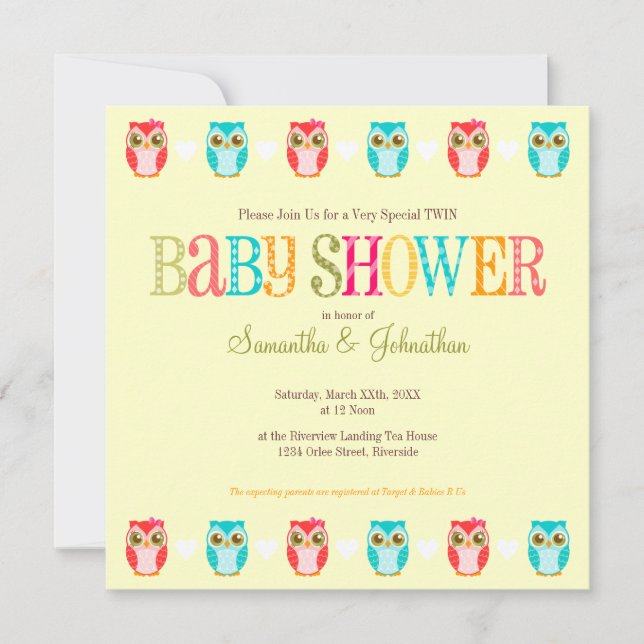 Baby Owls - Invitation à la douche pour filles et  (Devant)