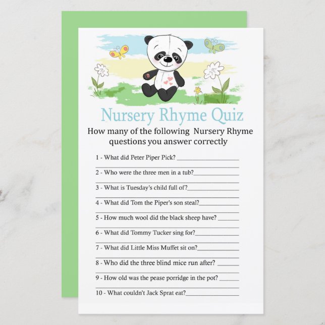 Baby panda Nursery Rhyme Quiz jeu de baby shower (Devant / Derrière)