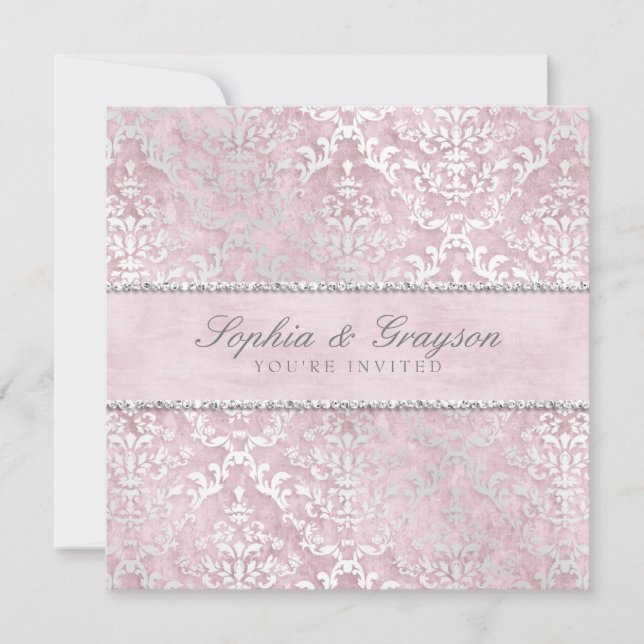 Baby Pink Glimmer Mariage damassé Invitation (Devant)