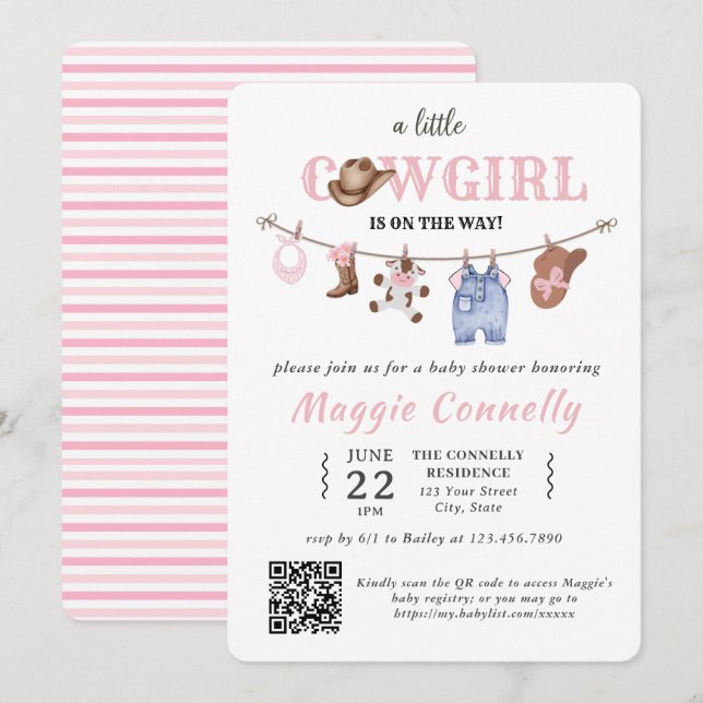 Baby Pink Little Cowgirl is on the Way Invitation (Devant / Derrière)