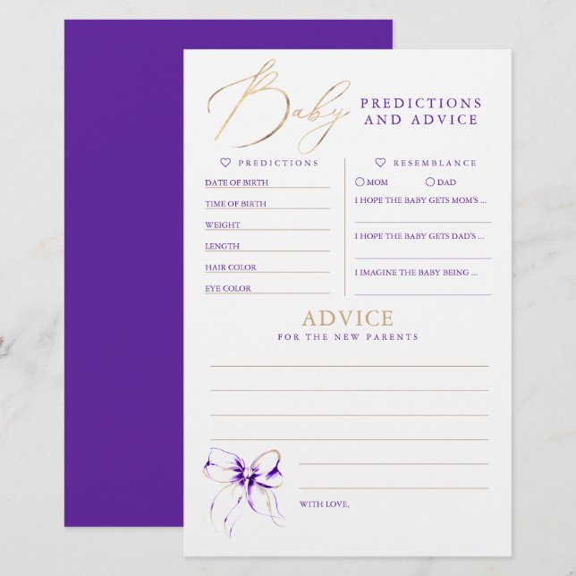 Baby Predictions and Advice Baby Shower Game (Devant / Derrière)