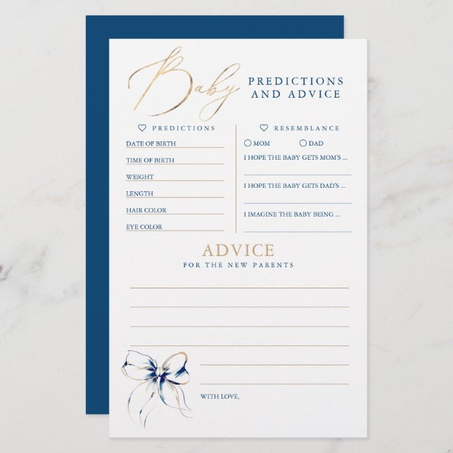 Baby Predictions and Advice Baby Shower Game (Devant / Derrière)