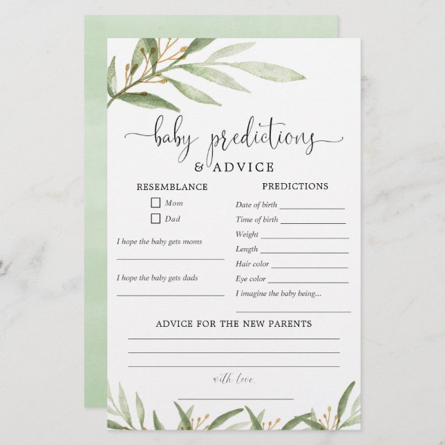 Baby prédictions carte conseil vert or (Devant / Derrière)