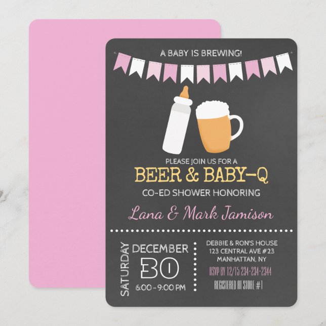 Baby-Q BBQ Beer Shower Co-Ed Girl Invitation Rose (Devant / Derrière)
