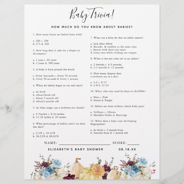 Baby - Quiz | Jeu de Baby Shower (Devant)
