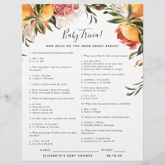 Baby - Quiz | Jeu de Baby Shower (Devant)