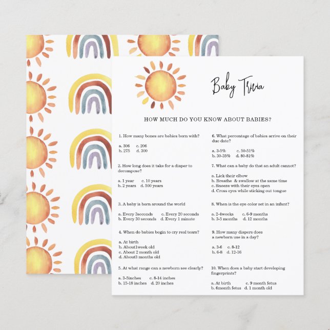 Baby Quiz Sunshine | Jeu de Baby Shower (Devant / Derrière)