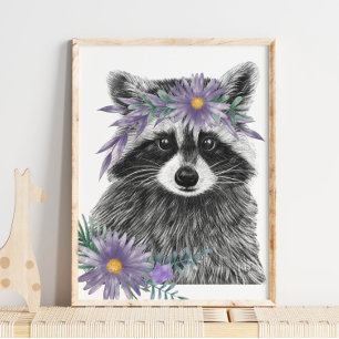 Baby Raccoon Floral Nursery Print   Impression Rac