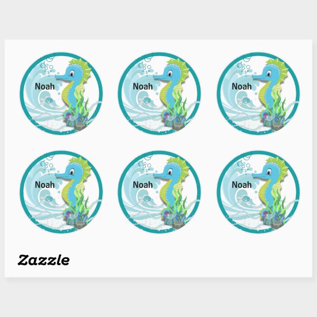 Baby Seahorse | Sticker rond personnalisé bleu (Feuille)