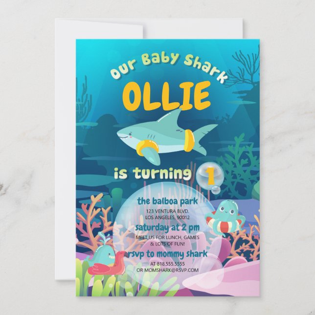 Baby Shark Invitation pour le premier anniversaire (Devant)