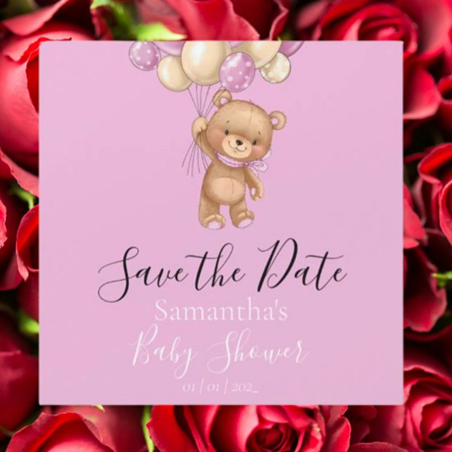 Baby shower à ballets roses Teddy Bear Enregistrer (Celebrate your special day with our adorable Teddy Bear Pink Balloon baby shower save the date. )
