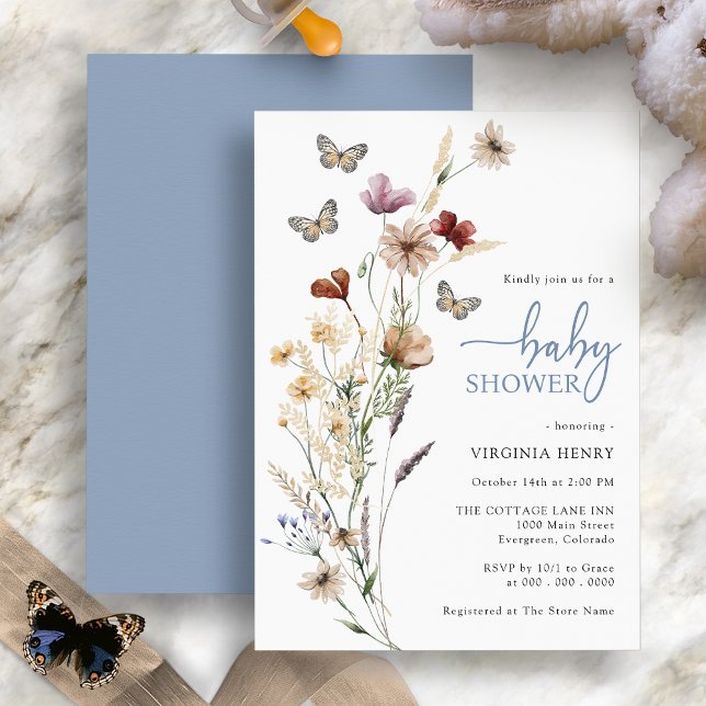 Baby shower à papillon bleu Dusty Invitation (Boho Wildflowers Butterfly Blue Baby Shower Invitation by Painted Paperie
)