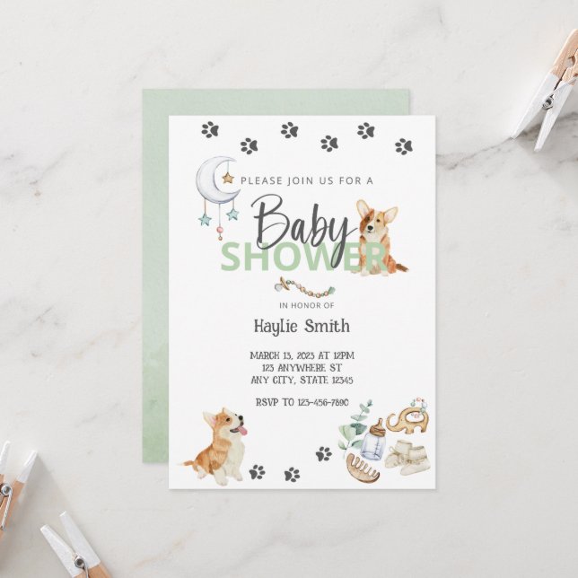 Baby shower à thème Corgi Invitation (Devant/Arrière en situation)