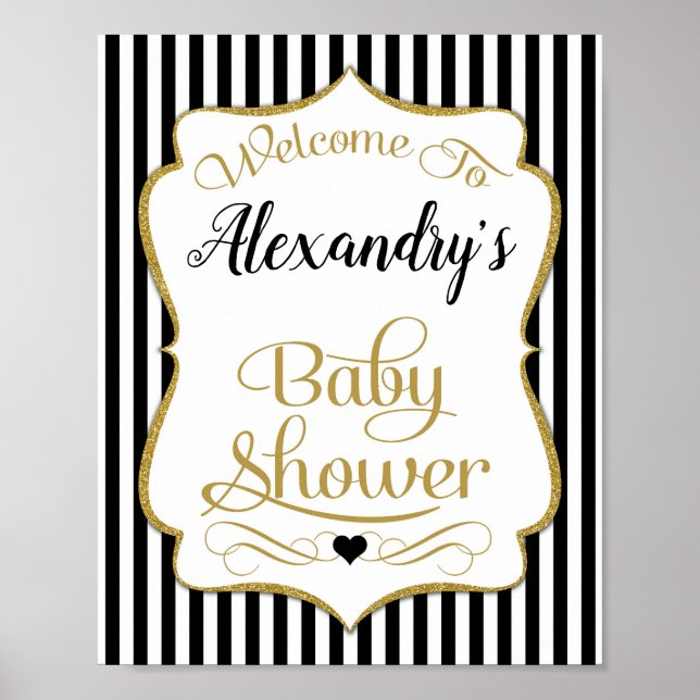 Baby shower Affiche de bienvenue Black Gold Elegan (Devant)