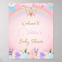 Baby shower Affiche de bienvenue, papillons arc-en