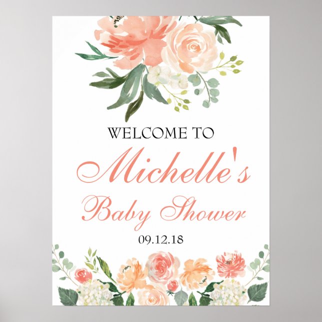 Baby shower Affiche de bienvenue Pêche Floral Boho (Devant)