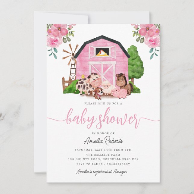 Baby shower agricole, Invitation de la grange rose (Devant)