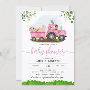 Baby shower agricole, Invitation de tracteur rose
