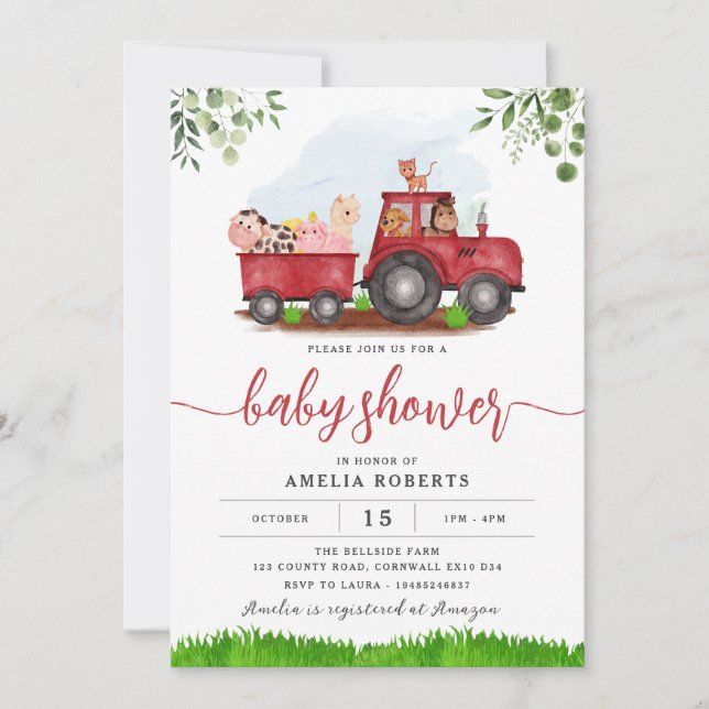 Baby shower agricole, Invitation Red Tractor (Devant)