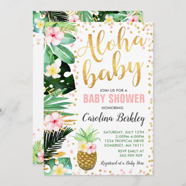 Baby shower Aloha Invitation Baby shower tropical (Devant / Derrière)