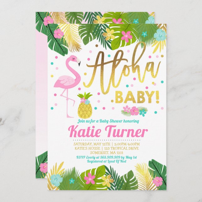 Baby shower Aloha Invitation Baby shower tropical (Devant / Derrière)