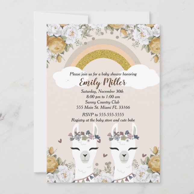 Baby shower Alpaca Twins Invitation Gold (Devant)