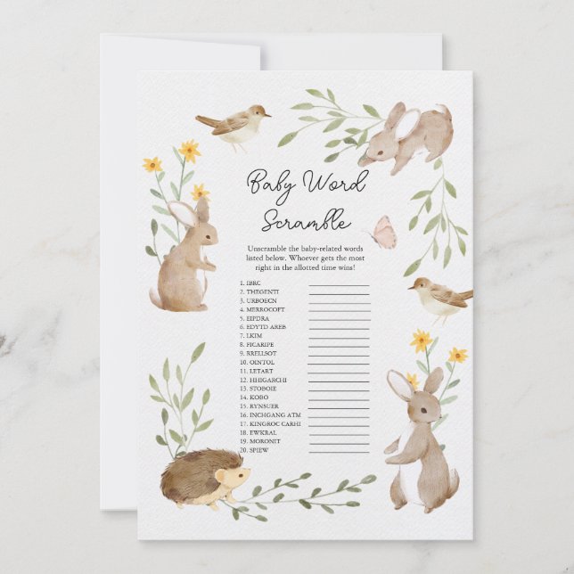 Baby shower animal de forêt Word Scramble Carte de (Devant)