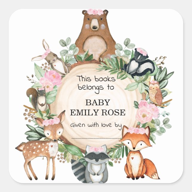 Baby shower Animaux de bois rose Étiquettes de pla (Devant)