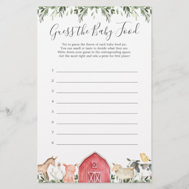 Baby shower Animaux De Ferme Devinez La Nourriture (Devant)