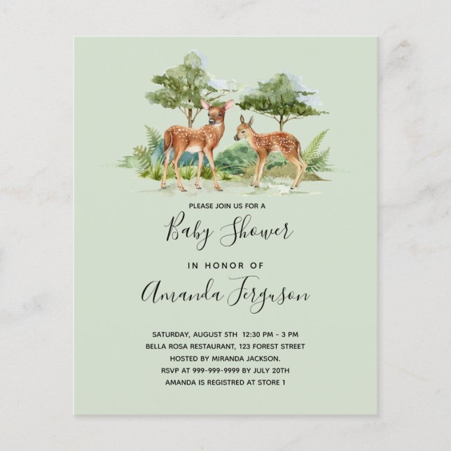 Baby shower animaux des bois invitation budgétaire (Devant)