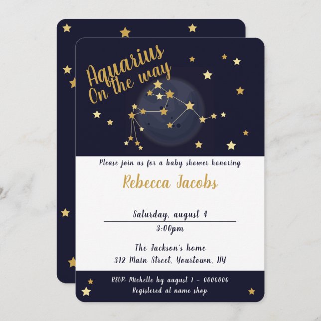 Baby shower Aquarius zodiac Invitation (Devant / Derrière)
