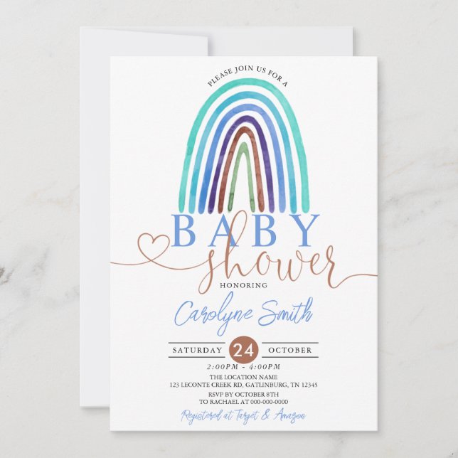 Baby shower arc-en-ciel bleu Boho Invitation (Devant)