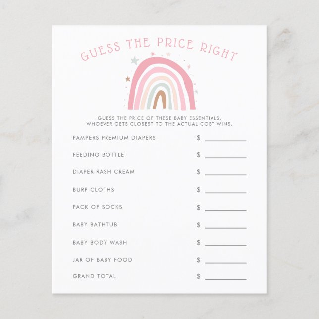 Baby shower Arc-En-Ciel Rose Devinez Le Prix Juste (Devant)