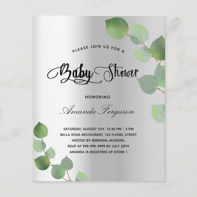 Baby shower argent eucalyptus invitation budgétair (Devant)