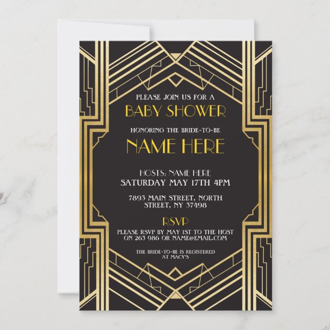 Baby shower Art déco Invitation Gold Gatsby des an (Devant)