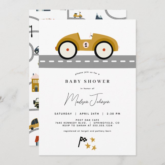 Baby shower automobile course Invitation (Devant / Derrière)