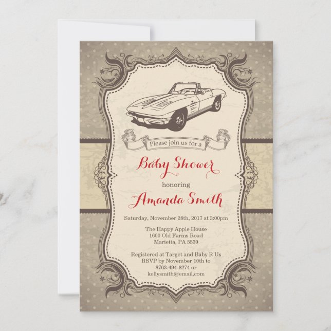 Baby shower automobile Invitation Vintage Retro (Devant)