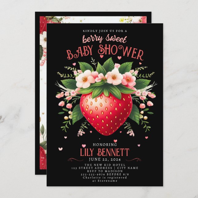 Baby shower aux fraises | Berry Sweet Invitation (Devant / Derrière)